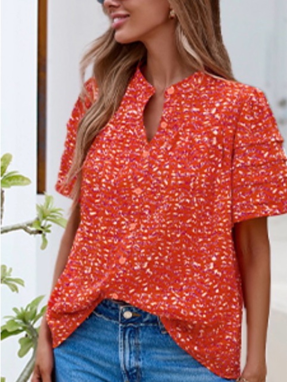 Split V-Neck Short Sleeve Blouse in Orange Speckle